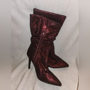 US 9 Red Thalia Sodi Raquell Slouch Pointed Toe Embellished Boot High Heel W/Zip